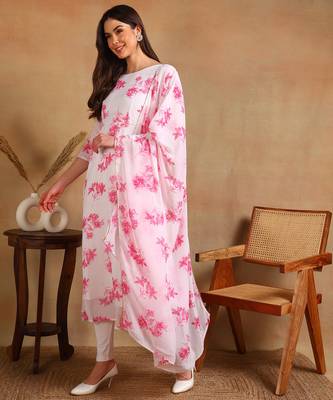 Pink flower print georgette anarkali kurti with dupatta set 4