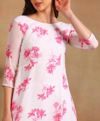 Pink flower print georgette anarkali kurti with dupatta set 5