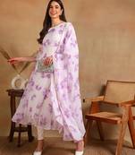 Purple flower print georgette anarkali kurti with dupatta set