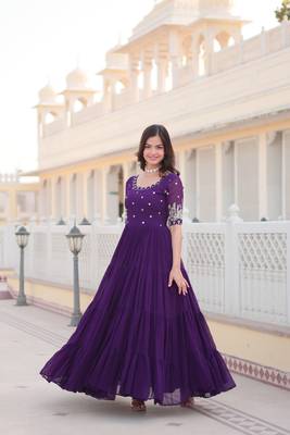 Beautiful purple colour faux georgette heavy sequins embroidered partywear evening party gown 1