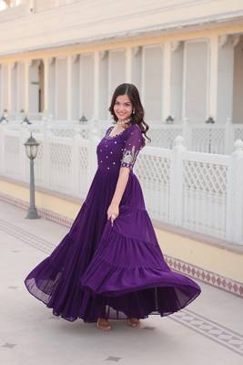 Beautiful purple colour faux georgette heavy sequins embroidered partywear evening party gown 5
