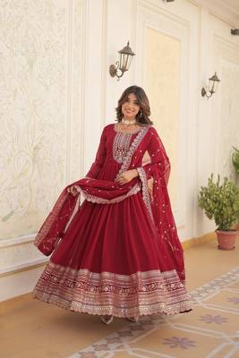 Maroon colour heavy embroidery gown with dupatta for wedding looks 1