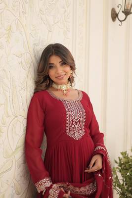 Maroon colour heavy embroidery gown with dupatta for wedding looks 2