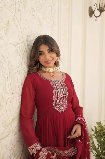 Maroon colour heavy embroidery gown with dupatta for wedding looks