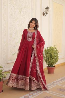 Maroon colour heavy embroidery gown with dupatta for wedding looks 3