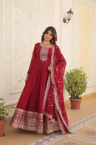 Maroon colour heavy embroidery gown with dupatta for wedding looks