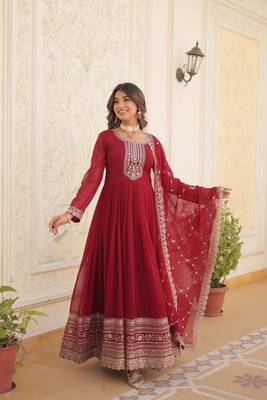 Maroon colour heavy embroidery gown with dupatta for wedding looks 4