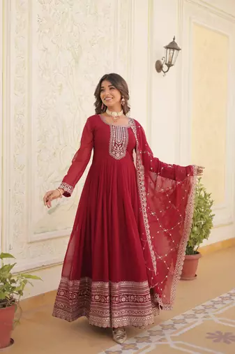 Maroon colour heavy embroidery gown with dupatta for wedding looks