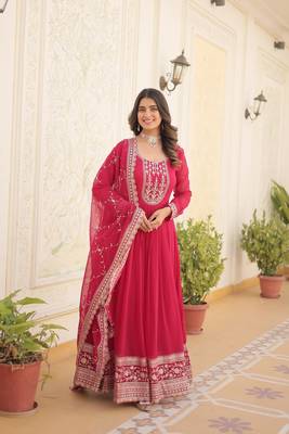 Pink colour heavy embroidery gown with dupatta for wedding looks 1