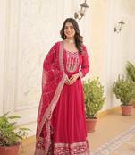 Pink colour ethnic heavy embroidery work gown with dupatta for wedding looks