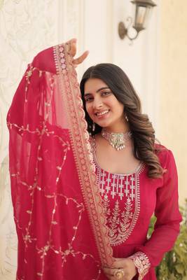 Pink colour heavy embroidery gown with dupatta for wedding looks 2