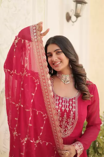 Pink colour heavy embroidery gown with dupatta for wedding looks