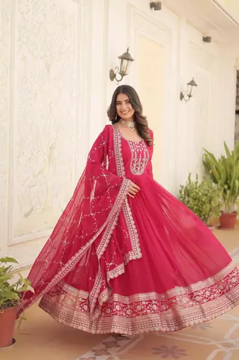 Pink colour heavy embroidery gown with dupatta for wedding looks