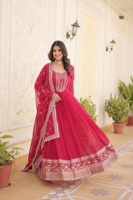 Pink colour heavy embroidery gown with dupatta for wedding looks 4