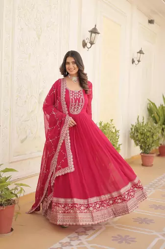 Pink colour heavy embroidery gown with dupatta for wedding looks