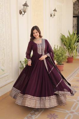 Wine colour heavy embroidery gown with dupatta for wedding looks 1
