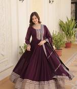 Wine colour ethnic heavy embroidery work gown with dupatta for wedding looks