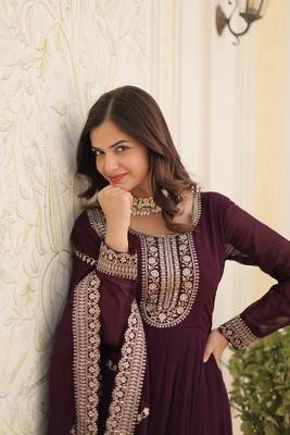 Wine colour heavy embroidery gown with dupatta for wedding looks 2