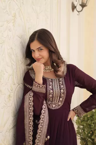 Wine colour heavy embroidery gown with dupatta for wedding looks