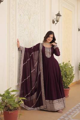 Wine colour heavy embroidery gown with dupatta for wedding looks 3