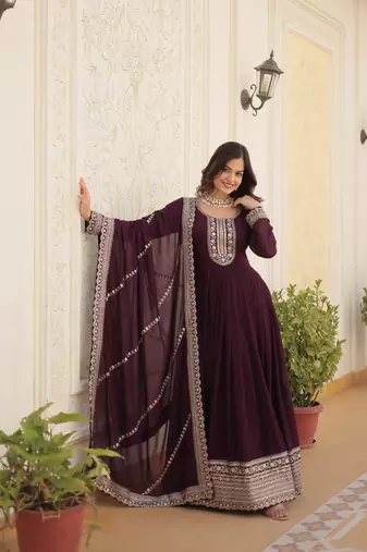 Wine colour heavy embroidery gown with dupatta for wedding looks