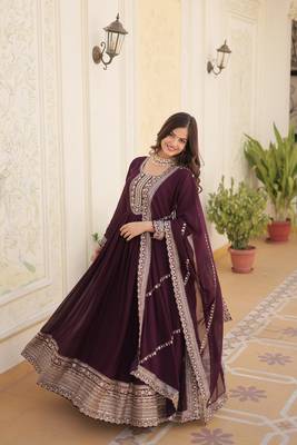 Wine colour heavy embroidery gown with dupatta for wedding looks 4