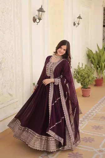 Wine colour heavy embroidery gown with dupatta for wedding looks