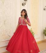 Red colour heavy sequins work partywear gown for bridesmaid