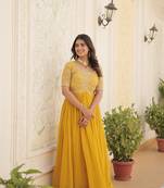 Yellow colour heavy sequins work partywear gown for bridesmaid