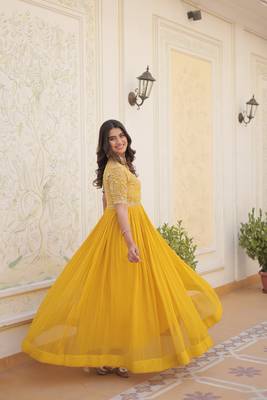 Yellow colour heavy sequins work partywear gown for bridesmaid 4