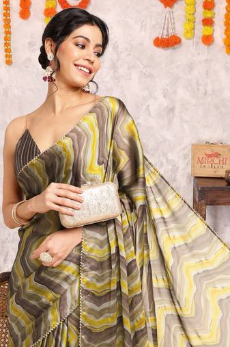Coffee Brown Chiffon Foil Print/Chevron/Zig Zag Print Gotta Pati Lace Border Saree With Unstitched Blouse Piece