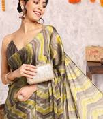 Coffee Brown Chiffon Foil Print/Chevron/Zig Zag Print Gotta Pati Lace Border Saree With Unstitched Blouse Piece