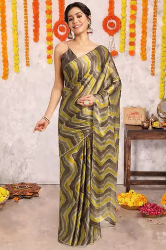 Coffee Brown Chiffon Foil Print/Chevron/Zig Zag Print Gotta Pati Lace Border Saree With Unstitched Blouse Piece