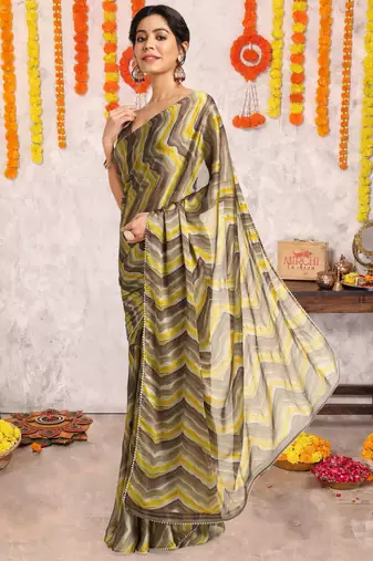 Coffee Brown Chiffon Foil Print/Chevron/Zig Zag Print Gotta Pati Lace Border Saree With Unstitched Blouse Piece