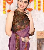 Dusty Wine Chiffon Solid/Leaf Printed Saree With Unstitched Blouse Piece