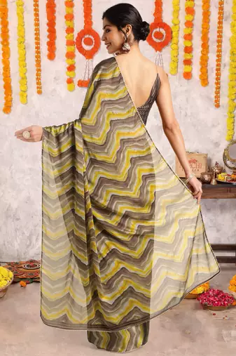 Coffee Brown Chiffon Foil Print/Chevron/Zig Zag Print Gotta Pati Lace Border Saree With Unstitched Blouse Piece