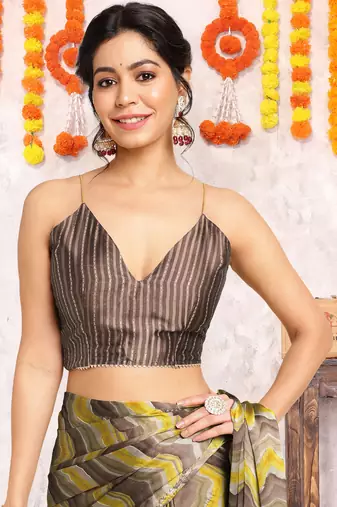 Coffee Brown Chiffon Foil Print/Chevron/Zig Zag Print Gotta Pati Lace Border Saree With Unstitched Blouse Piece