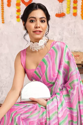 Baby Pink/Light Pink Chiffon Foil Print/Chevron/Zig Zag Print Gotta Pati Lace Border Saree With Unstitched Blouse Piece