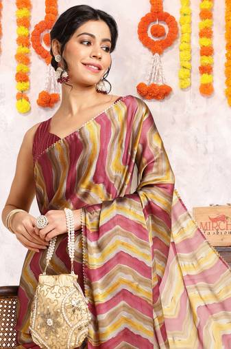 Maroon Chiffon Foil Print/Chevron/Zig Zag Print Gotta Pati Lace Border Saree With Unstitched Blouse Piece