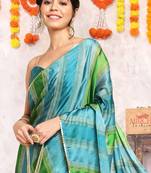 Teal Chiffon Foil Print/Stripes Print Sequinns Lace Saree With Unstitched Blouse Piece