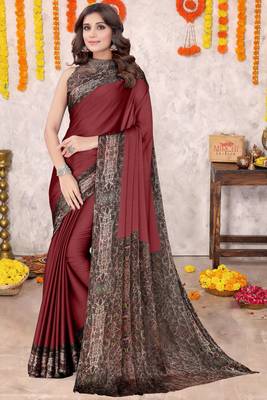 Maroon Chiffon Solid/Abstract Printed Saree With Unstitched Blouse Piece 2