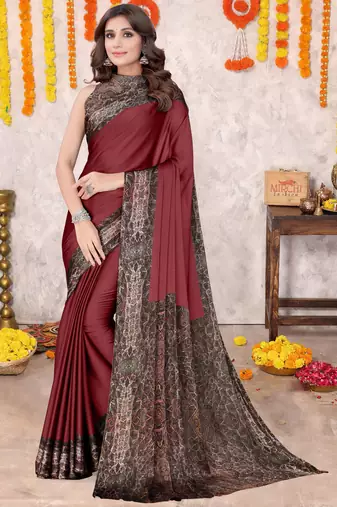 Maroon Chiffon Solid/Abstract Printed Saree With Unstitched Blouse Piece