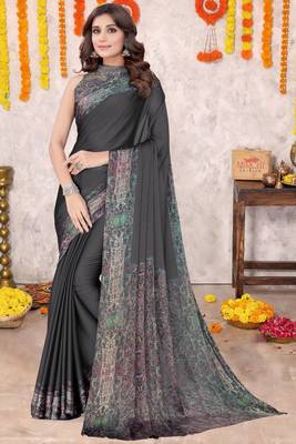 Black Chiffon Solid/Abstract Printed Saree With Unstitched Blouse Piece 2