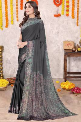 Black Chiffon Solid/Abstract Printed Saree With Unstitched Blouse Piece 3