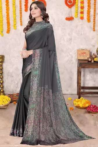 Black Chiffon Solid/Abstract Printed Saree With Unstitched Blouse Piece