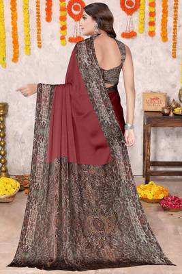 Maroon Chiffon Solid/Abstract Printed Saree With Unstitched Blouse Piece 4