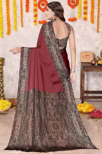 Maroon Chiffon Solid/Abstract Printed Saree With Unstitched Blouse Piece