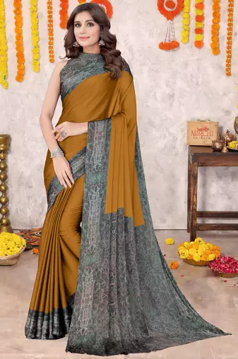 Mustard Chiffon Solid/Abstract Printed Saree With Unstitched Blouse Piece