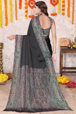 Black Chiffon Solid/Abstract Printed Saree With Unstitched Blouse Piece 4