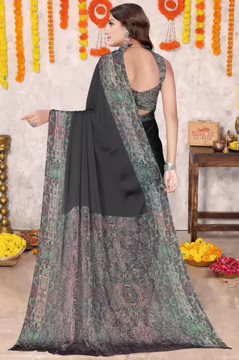 Black Chiffon Solid/Abstract Printed Saree With Unstitched Blouse Piece